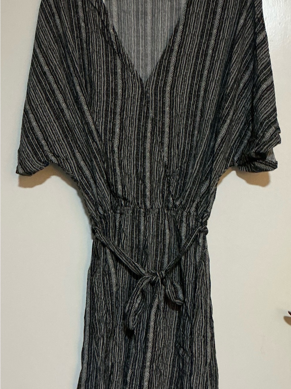 Black & Gray Striped V-Neck Tie-Waist Women's Romper Cover -Up